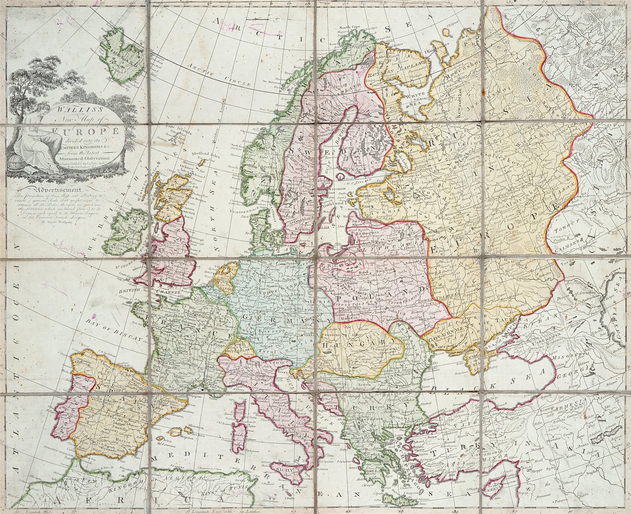 Nowa mapa Europy Wallisa z podziałem na Królestwa imperiów, 1789 (ręcznie kolorowane grawerowanie) autorstwa English School