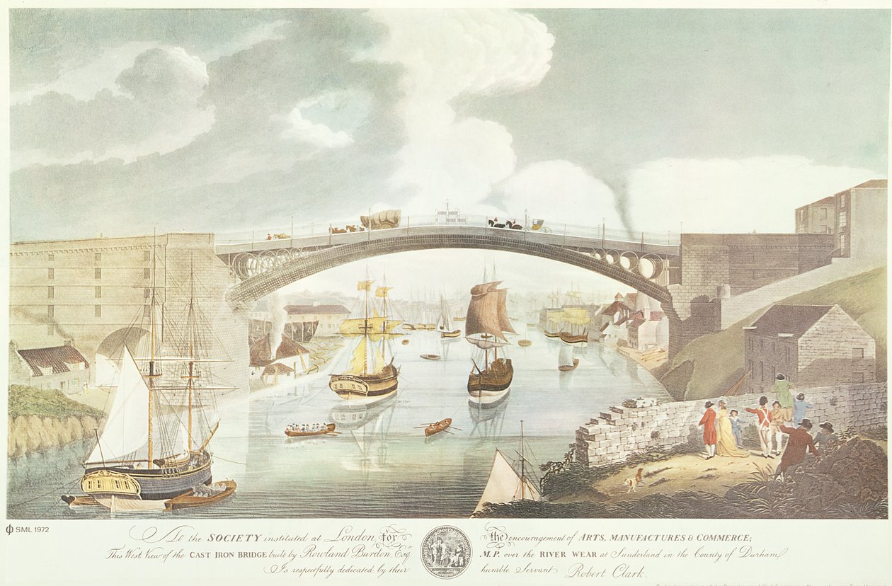 Widok od zachodu na żeliwny most zbudowany przez Rowland Burdon Esq., MP, nad rzeką Wear w Sunderland, c.1796 (ręcznie kolorowane grawerowanie) autorstwa English School