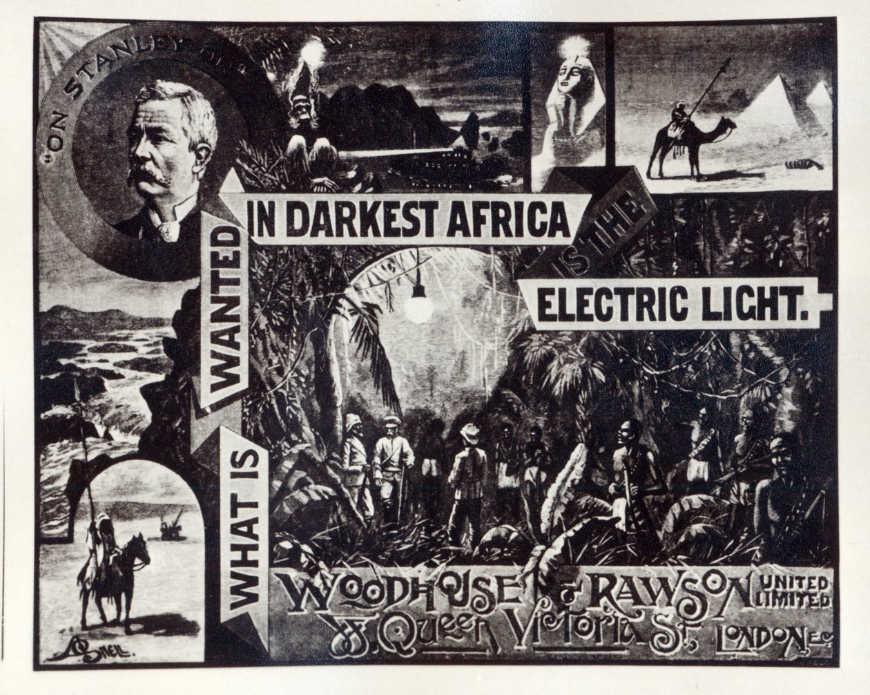 „What is Wanted in Darkest Africa to Electric Light”, reklama firmy Woodhouse und Rawson ltd autorstwa English School