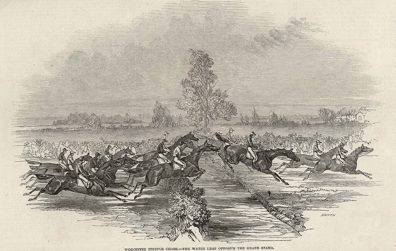 Gonitwa w Worchester Steeple: The Water Leap naprzeciwko Grand Stand, z "The Illustrated London News", 26 kwietnia 1845 r. autorstwa English School