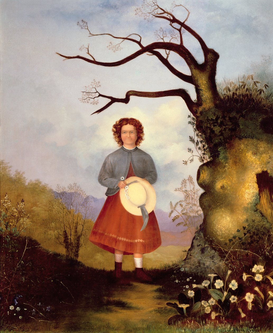 Młoda dziewczyna w krajobrazie z pierwiosnkami, ok. 1850 autorstwa English School
