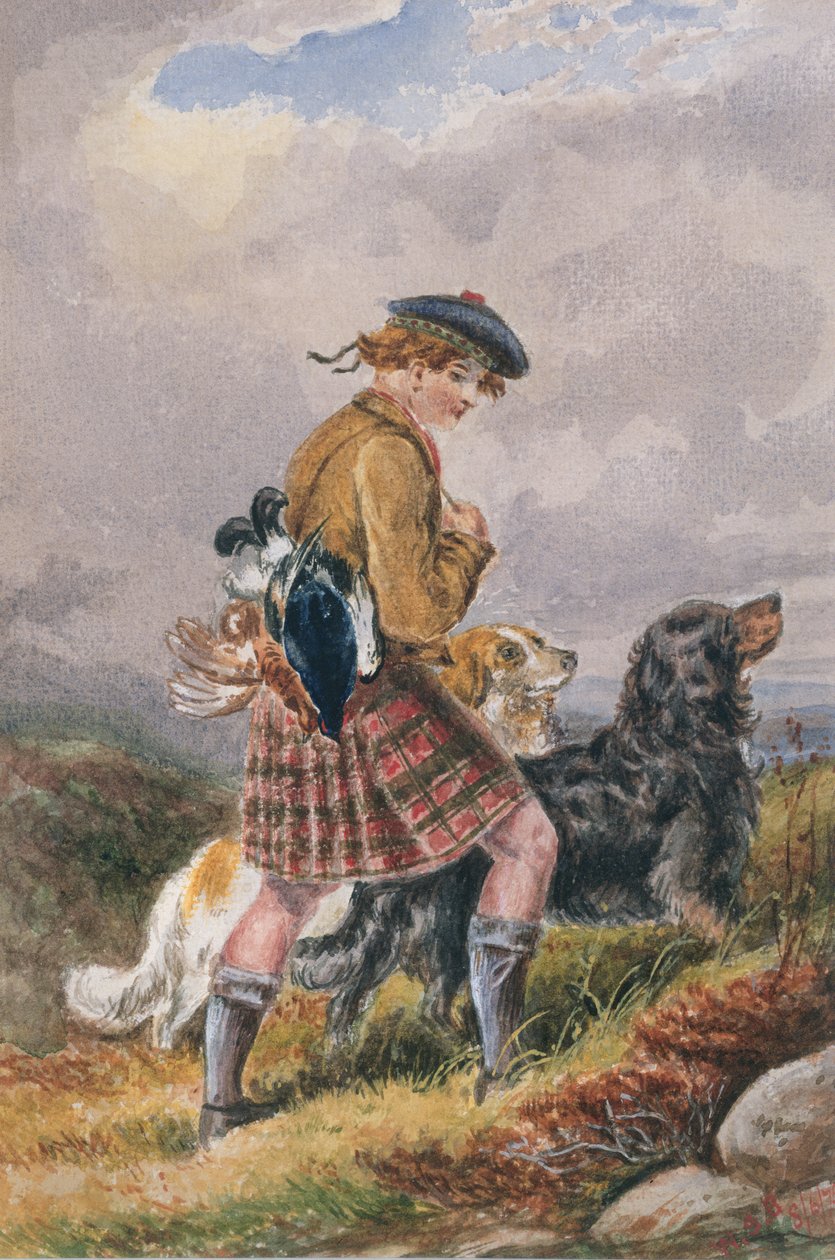 Młody szkocki gajowy z martwą zwierzyną, ok. 1865 (wc na papierze) autorstwa English School