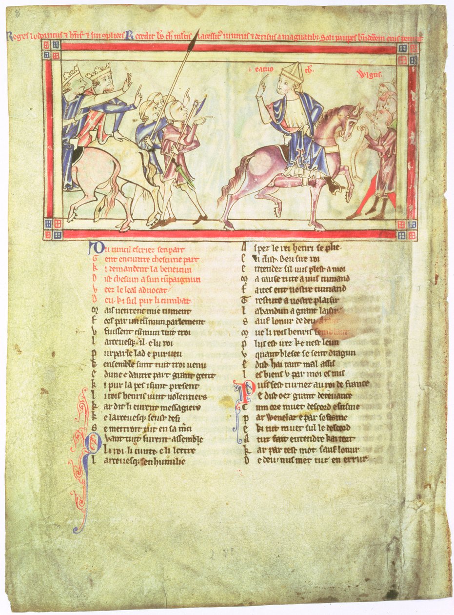 f.2v Tomasz a Becket odchodzi od króla Henryka II z Anglii i Ludwika VII z Francji, po zerwaniu negocjacji w Montmirail i dołącza do zwykłych ludzi, z liści Becketa, c.1220-40 autorstwa English School