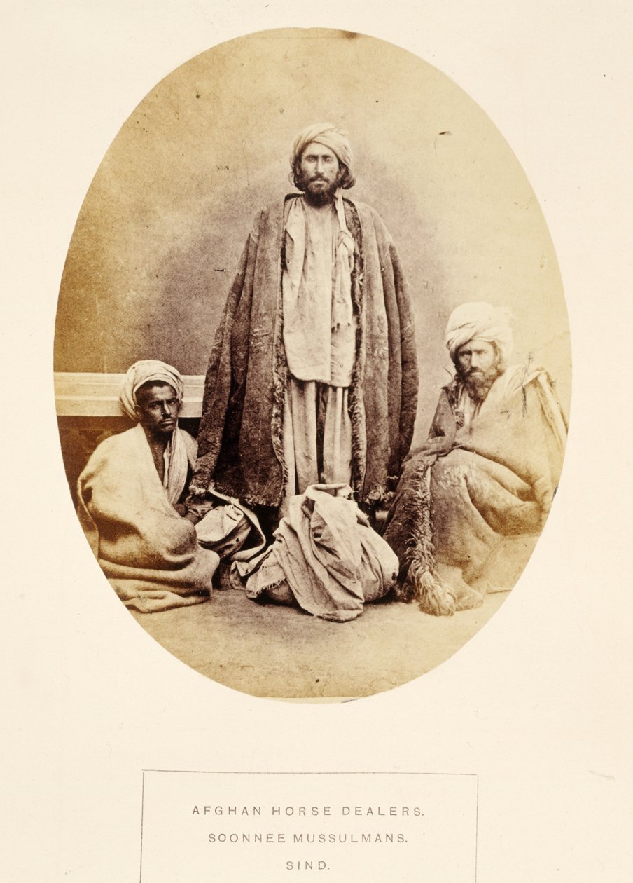 Afghan Horse Dealers, Soonnee Mussulmans, Sind, z The People of India, J. Forbes Watson, opublikowane 1868 (druk albumowy) autorstwa English Photographer