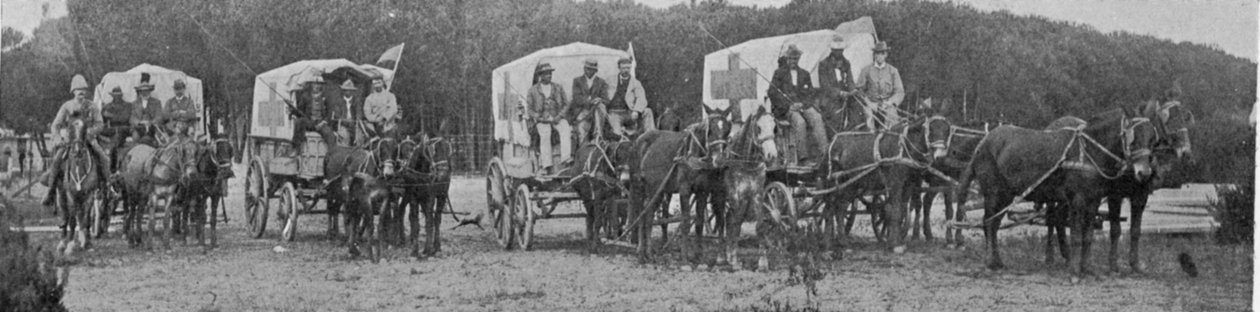 Wagony pogotowia opuszczające szpital zarazy w Kapsztadzie, ilustracja z filmu Król, 25 maja 1901 r. autorstwa English Photographer