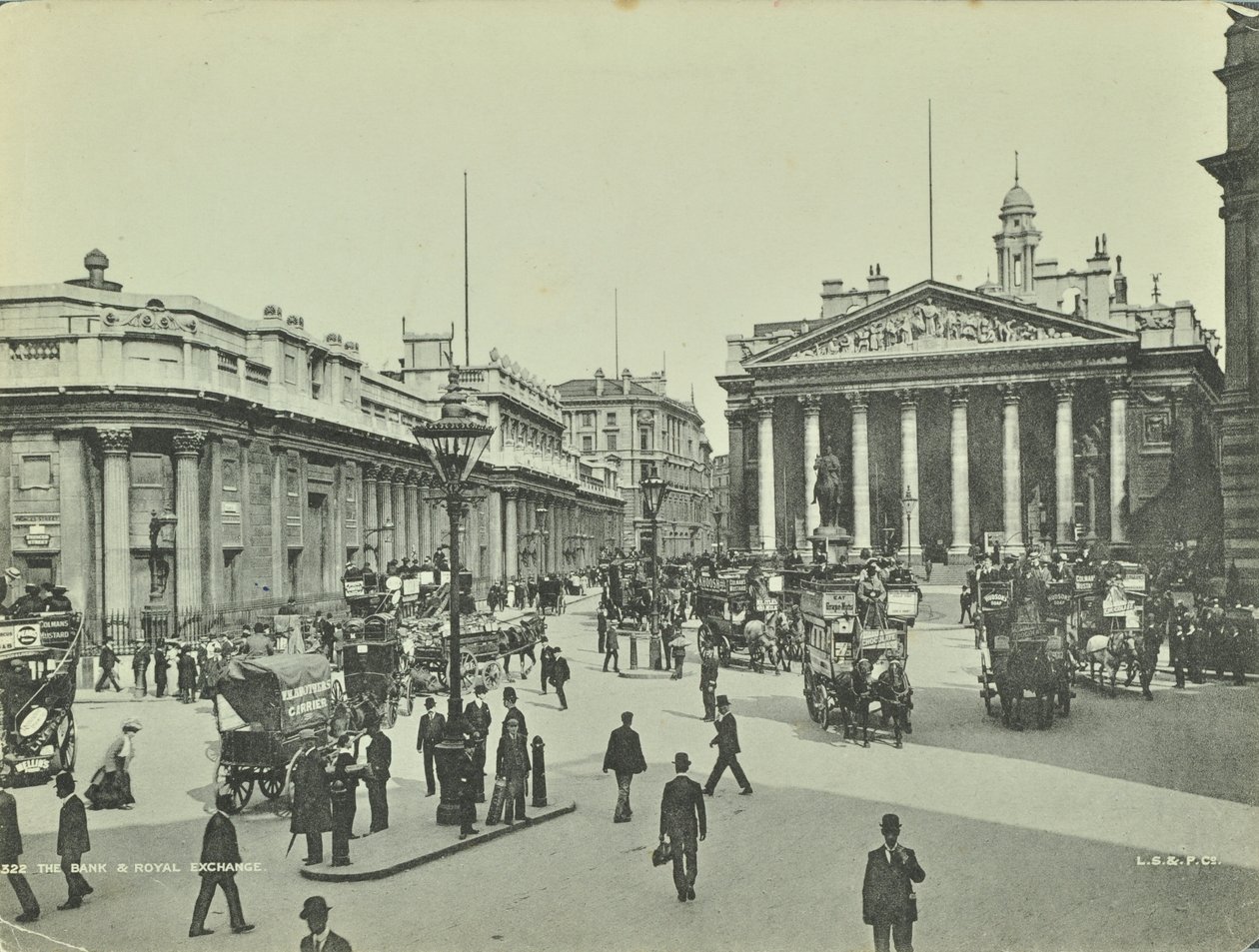Bank Anglii i Royal Exchange, Threadneedle Street, City of London, 1890 autorstwa English Photographer