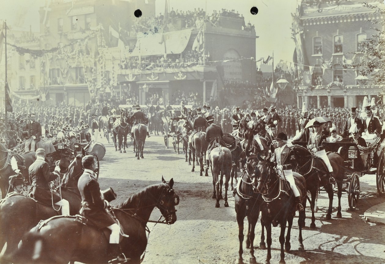 Tunel Blackwall: widowisko jako książę Walii, późniejszy król Edward VII i księżniczka Aleksandria uczestniczą w uroczystym otwarciu tunelu, 1897 autorstwa English Photographer