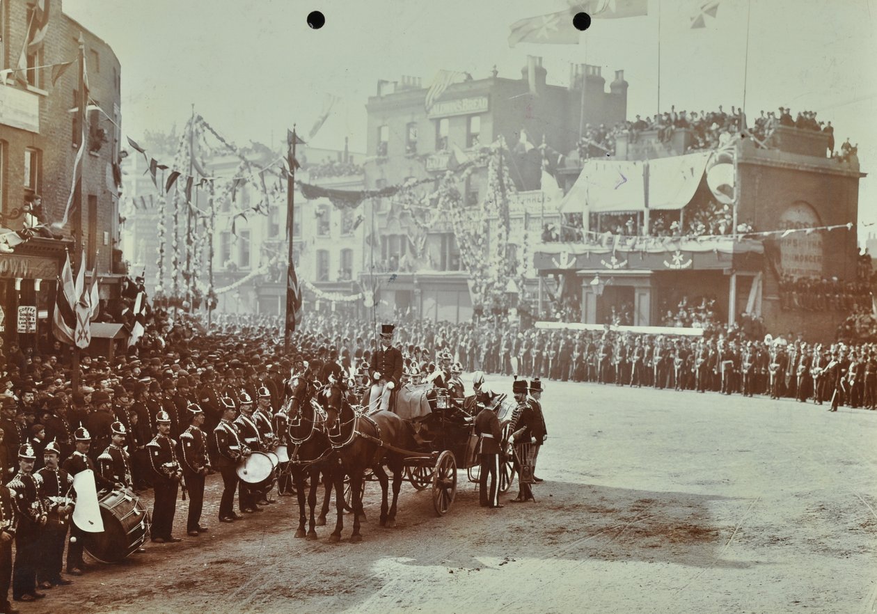 Tunel Blackwall: widowisko jako książę Walii, późniejszy król Edward VII i księżniczka Aleksandria uczestniczą w uroczystym otwarciu tunelu, 1897 autorstwa English Photographer