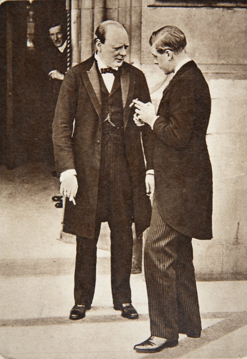 Rozmowa po obiedzie w Izbie Gmin: pan Churchill i H.R.H. Książę Walii, 1919 (fotograwiura) autorstwa English Photographer