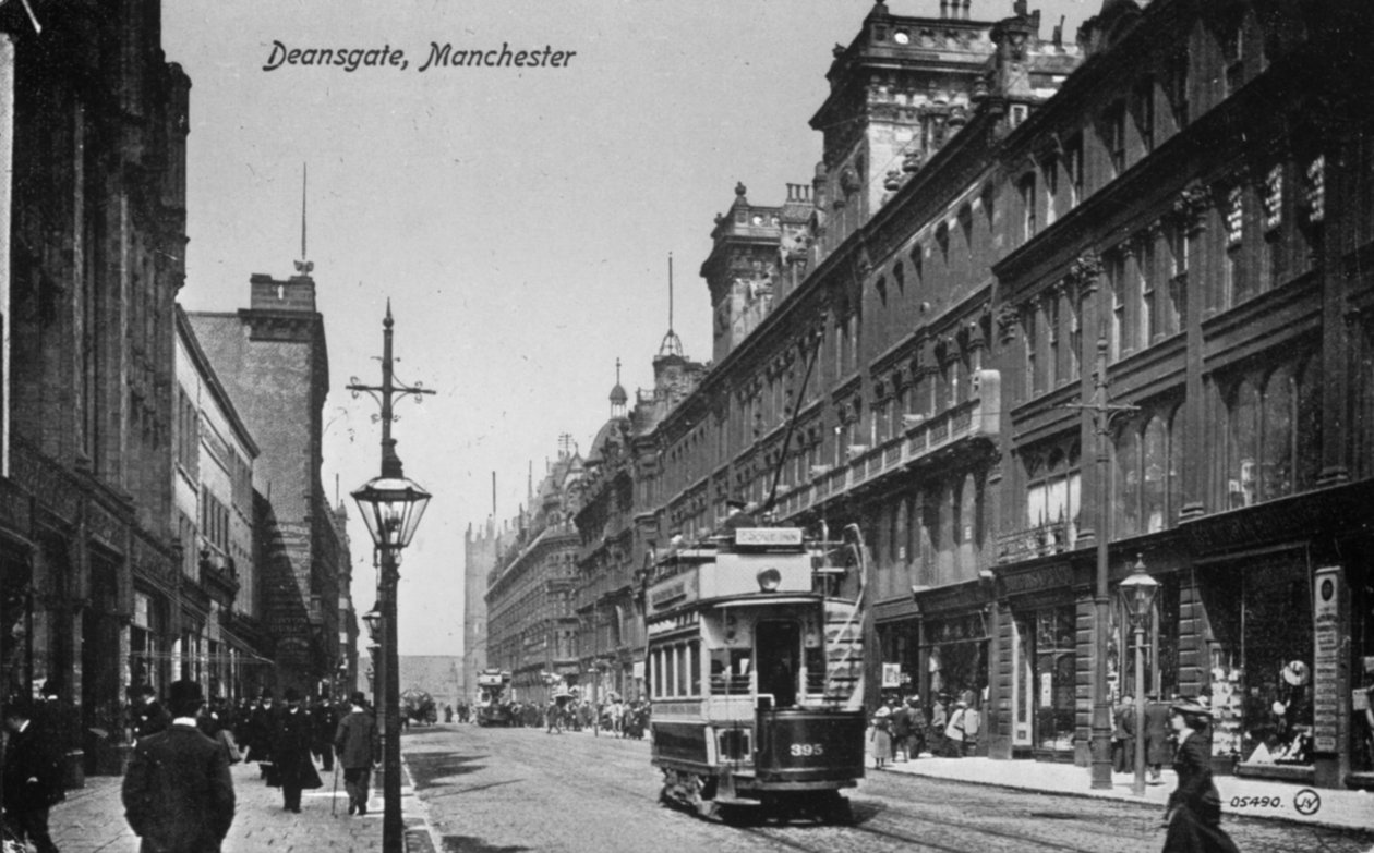 Deansgate, Manchester, ok. 1910 (bw zdjęcie) autorstwa English Photographer