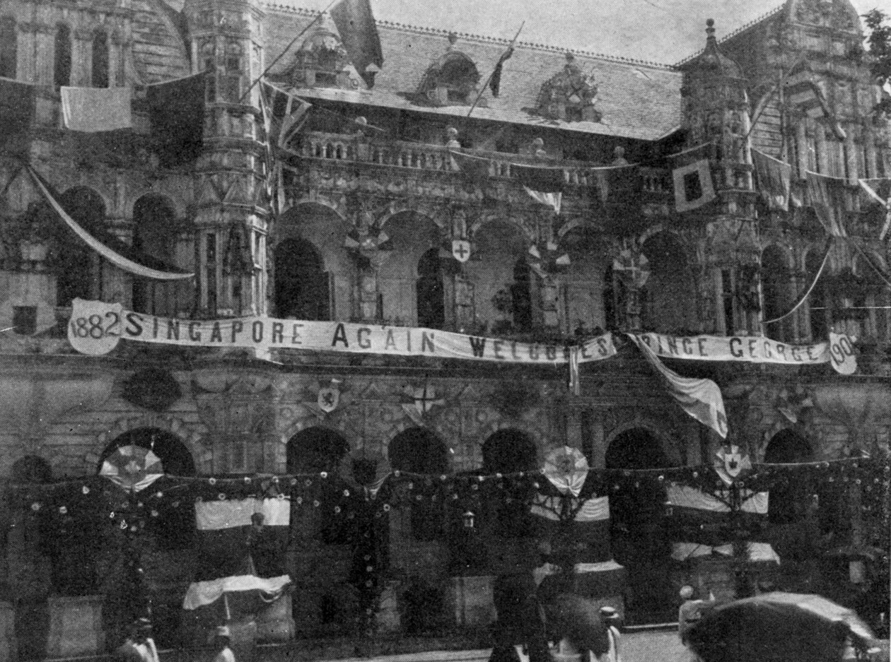 Dekoracje na ratuszu, Singapur, ilustracja z filmu Król, 25 maja 1901 r. autorstwa English Photographer