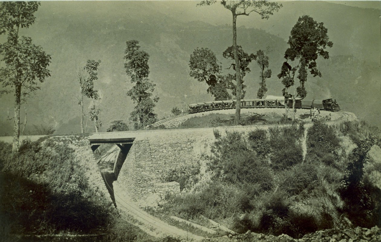 Pętla w Agony Point w Tindharia na kolejce Himalajów Darjeeling, lata 80. XIX wieku (druk albumowy) autorstwa English Photographer