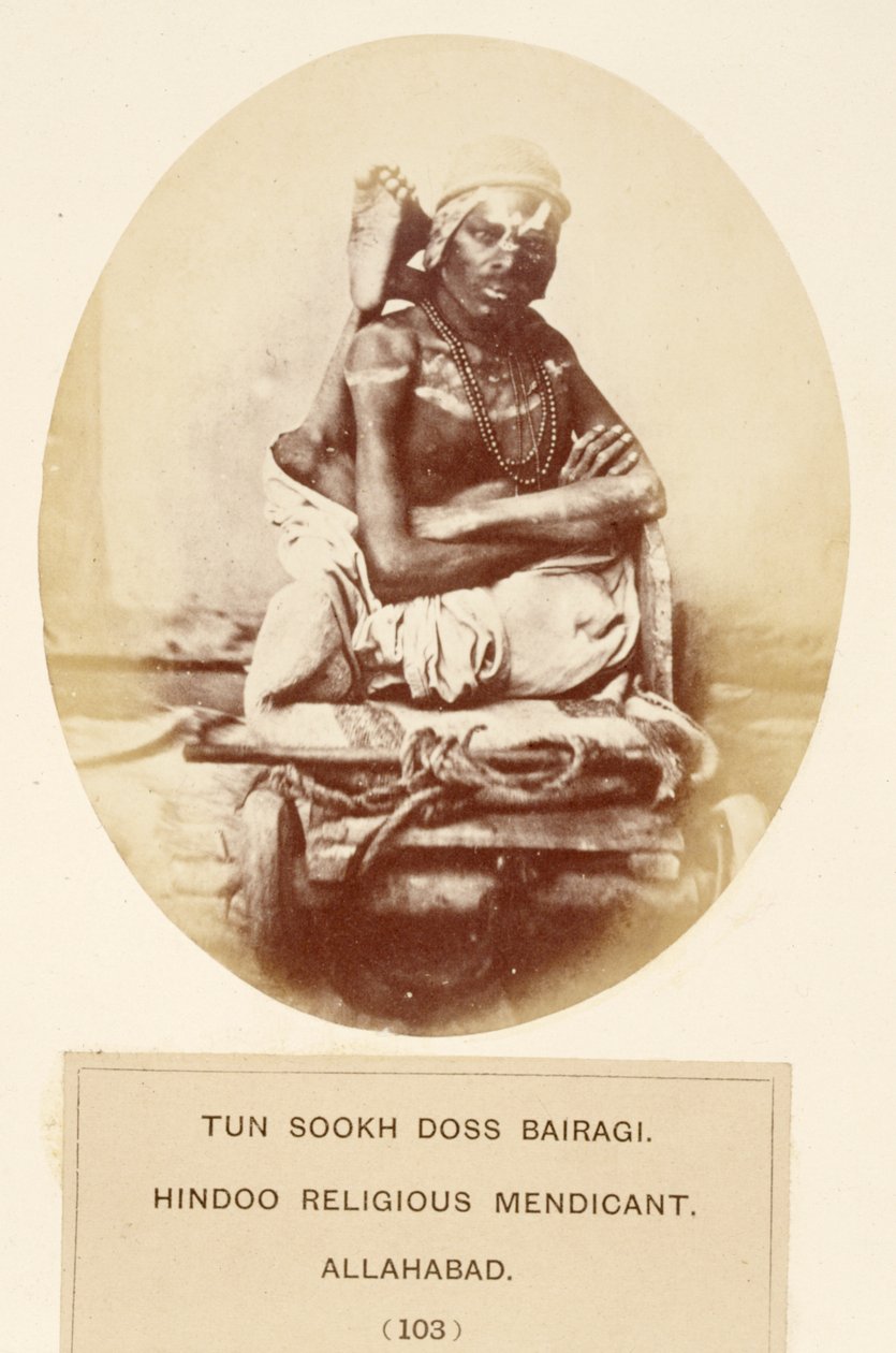 Tun Sookh Doss Bairago, hinduski żebrak religijnych, Allahabad, z The People of India, J. Forbes Watson, opublikowany 1868 (druk albumowy) autorstwa English Photographer