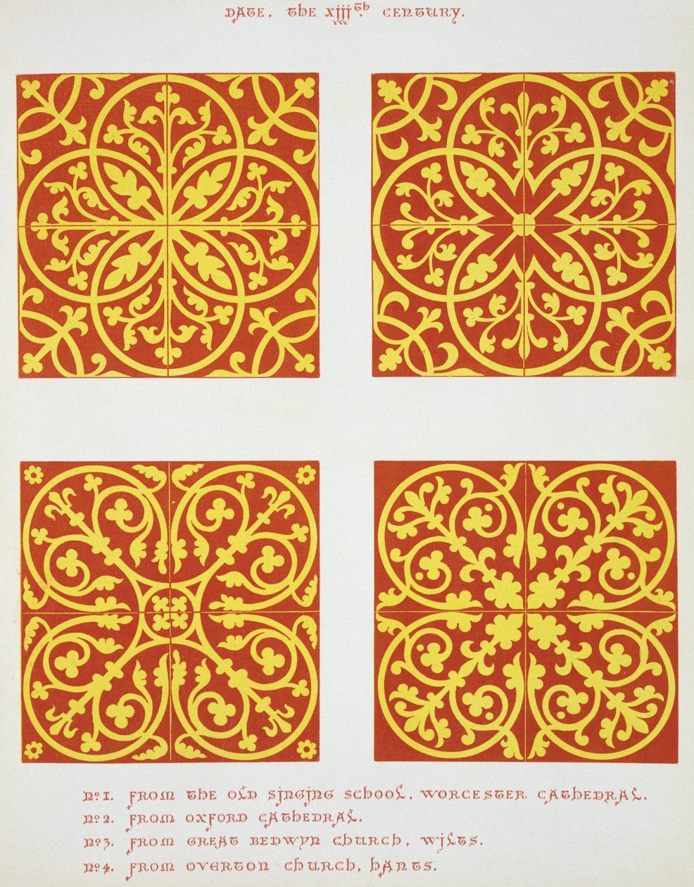 XIII-wieczne projekty płytek, ilustracja z Specimen of Tile Pavements, zaczerpnięta z Istniejących Władz, Henry Shaw, 1858 autorstwa English School