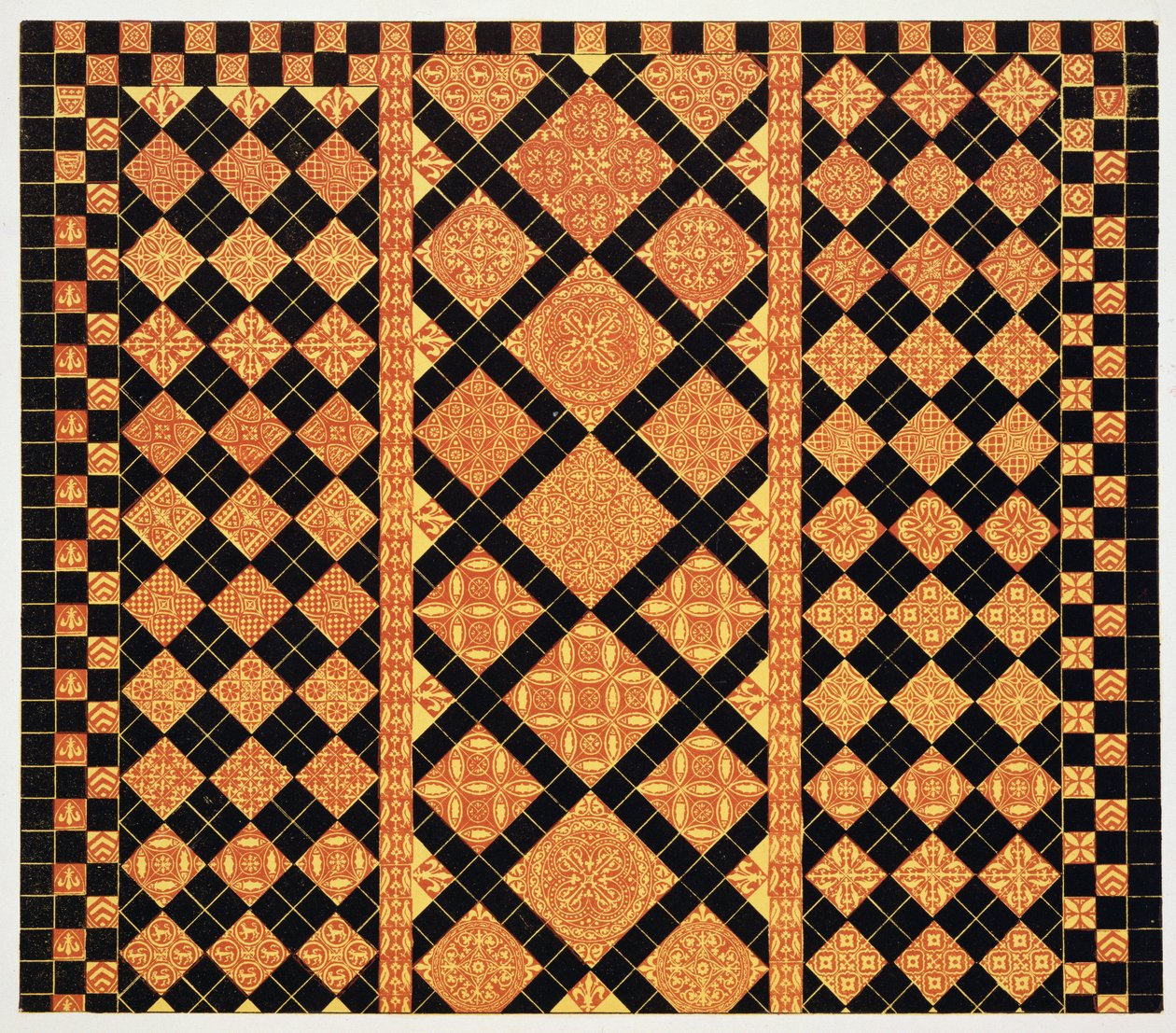 Czternastowieczny chodnik z Worcester Cathedral Choir School, ilustracja z Specimen of Tile Pavements, zaczerpnięta z Istniejących Władz, Henry Shaw, 1858 autorstwa English School