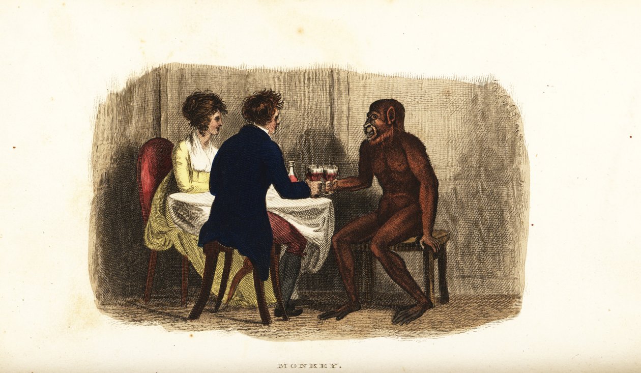 XVIII-wieczna holenderska para pijąca wino z orangutanem borneańskim przy stole jadalnym autorstwa English School