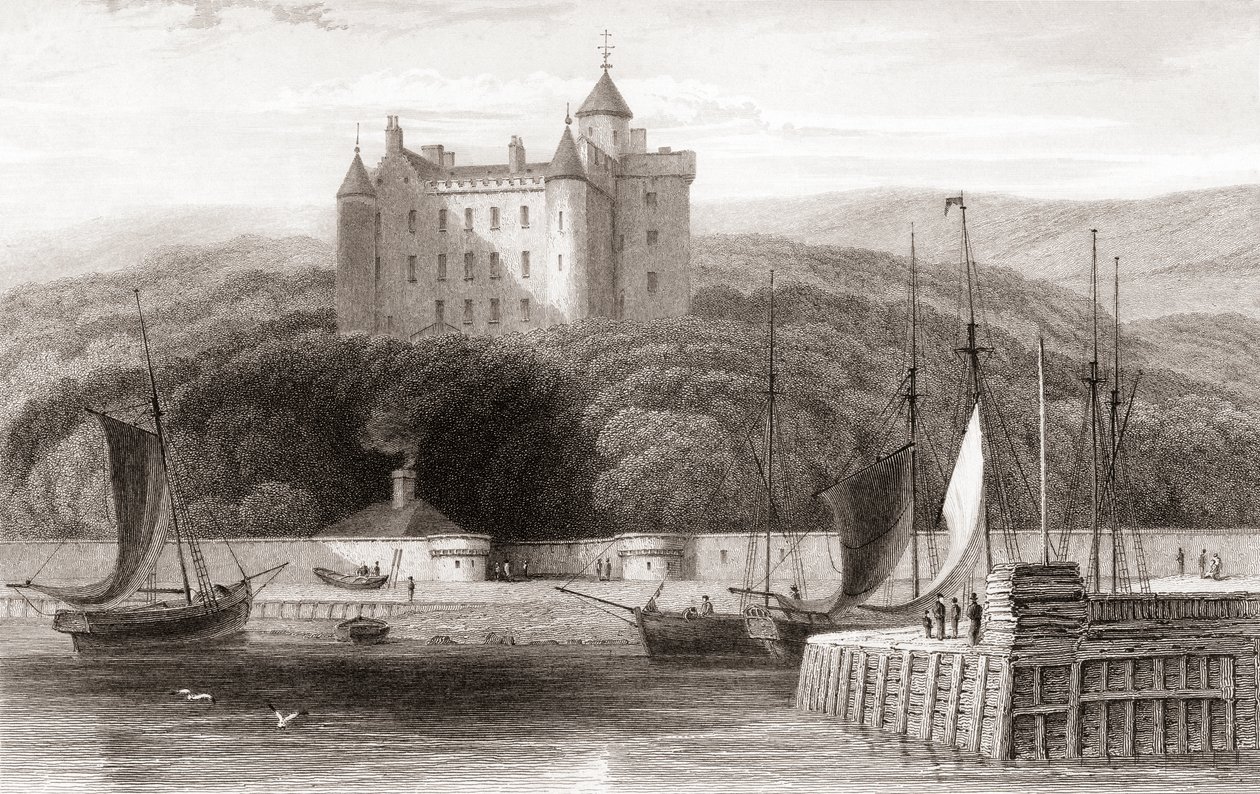 Widok z XIX wieku na zamek Dunrobin, Sutherland, Szkocja. Z galerii portretów i krajobrazów Churtona, opublikowanej w 1836 r. autorstwa English School