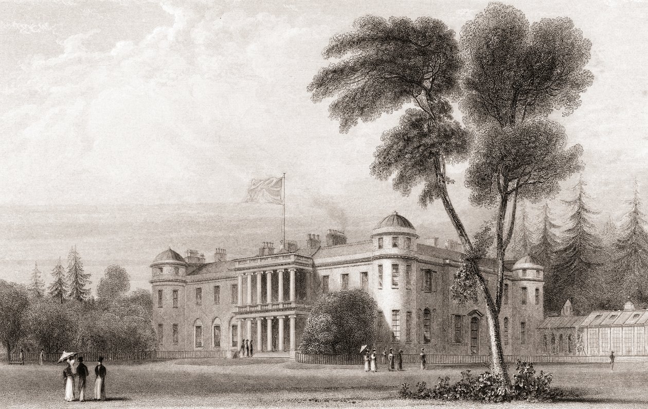 Widok z XIX wieku na Goodwood House, West Sussex, południowa Anglia. Z galerii portretów i krajobrazów Churtona, opublikowanej w 1836 r. autorstwa English School
