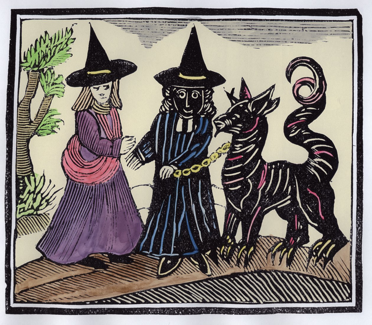 Czarno-biała wiedźma ze zwierzęciem diabła, ilustracja ze zbioru książeczek o ezoteryce (późniejsze zabarwienie) autorstwa English School
