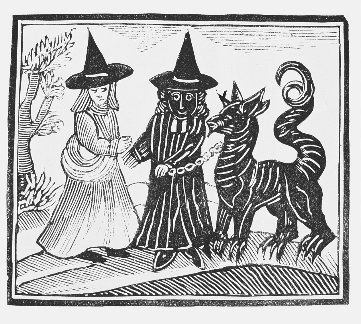 Czarno-biała wiedźma ze zwierzęciem diabła, ilustracja ze zbioru książeczek o tematyce ezoterycznej autorstwa English School