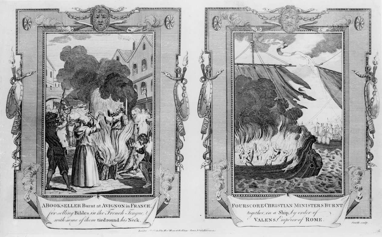 Księgarz spalony w Awinionie we Francji za sprzedaż Biblii we francuskim języku, niektóre z nich związane na szyi i czterech chrześcijańskich pastorów spalonych razem na statku przez Zakon Walensa (32). autorstwa English School