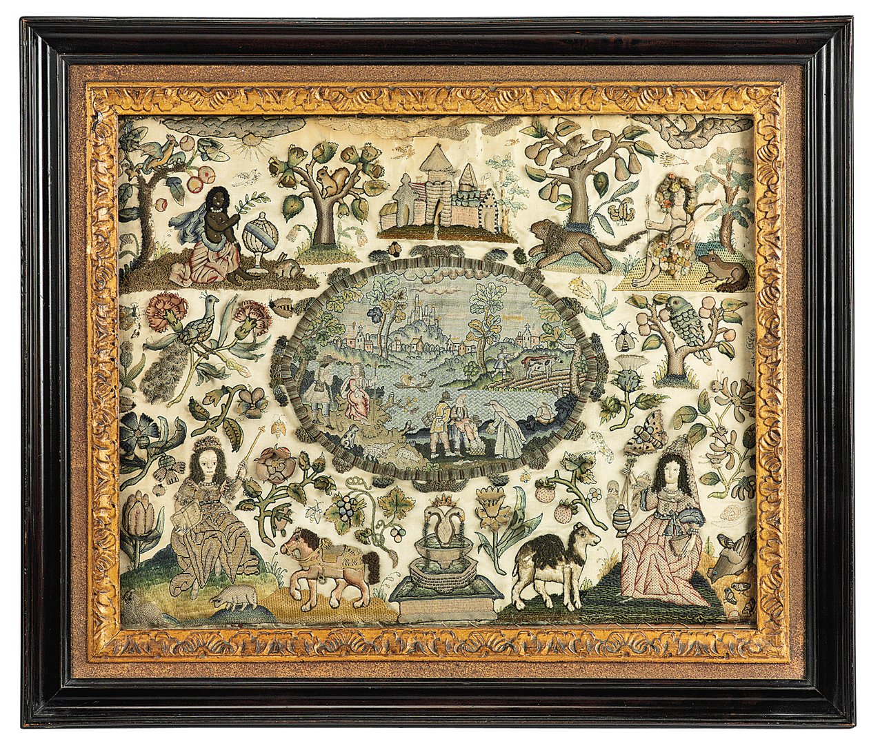 Obraz haftu Karola II przedstawiający Afrykę i Nowy Świat, ok. 1660-70 autorstwa English School