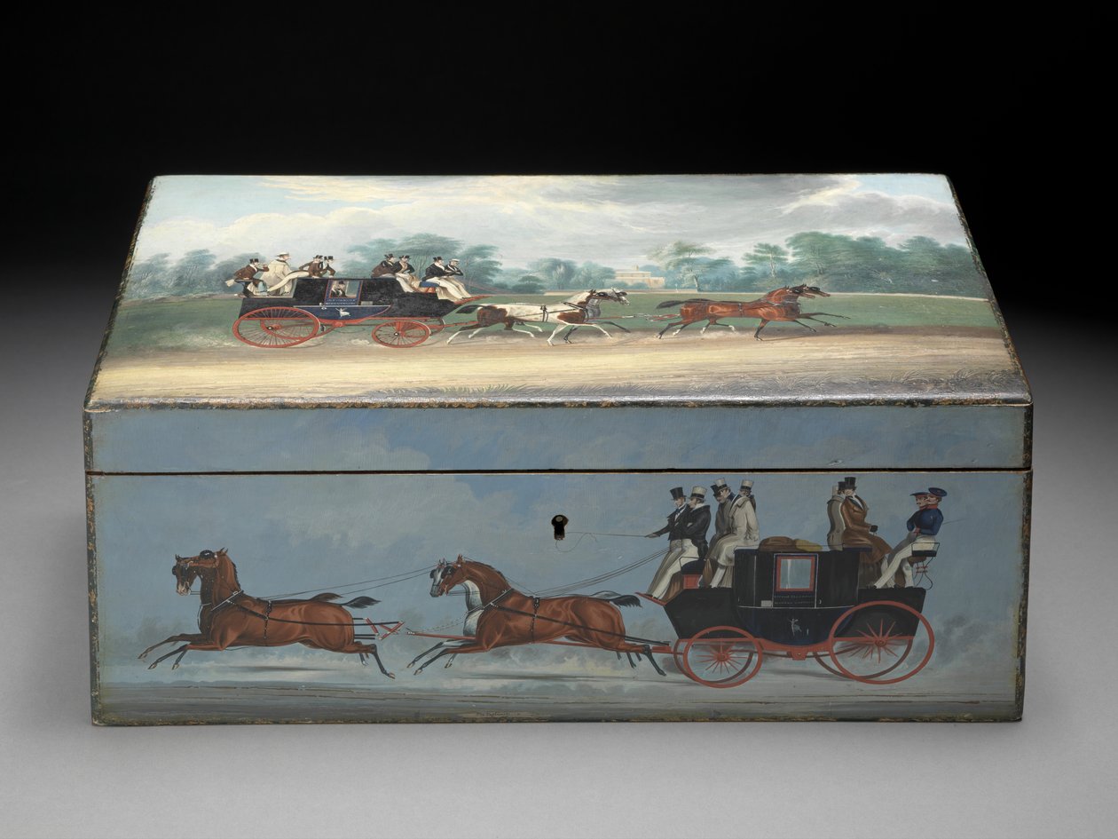 Pudełko na cygara malowane ze scenami z druków Taglioni, ok. 1840 (olej na drewnie owocowym) (patrz 285536, aby zobaczyć widok z tyłu) autorstwa English School