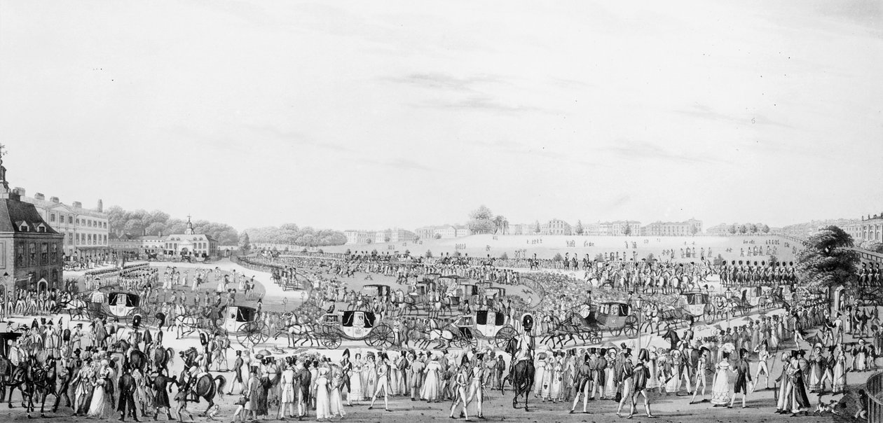 Prawidłowe przedstawienie firmy idącej do i powracającej z salonu jego królewskiej mości w Pałacu Buckingham, opublikowane przez G, Humphrey, 25 maja 1822 autorstwa English School