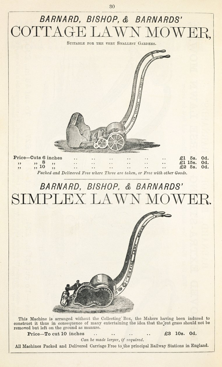 Kosiarka domowa i Simplex, ilustracja z katalogu ogrodniczego, wydanego przez Barnard Bishop & Barnard, 1878 autorstwa English School