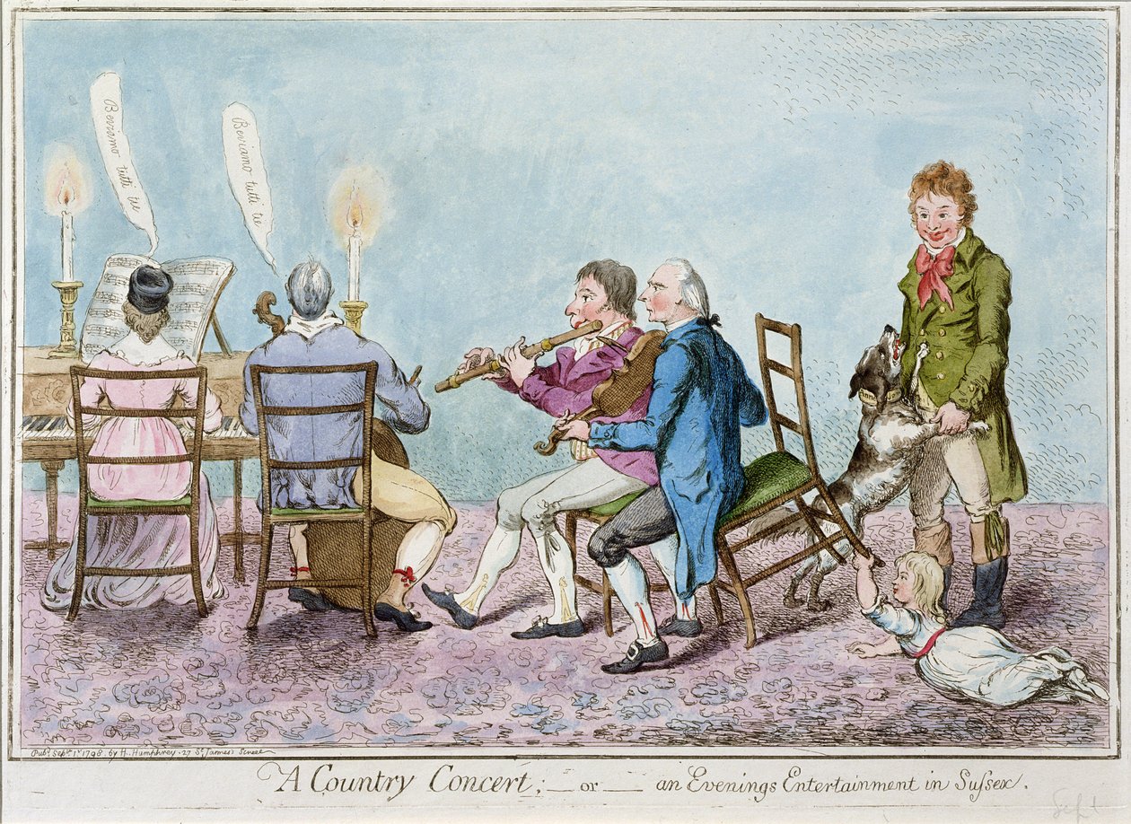 A Country Concert, or an Evenings Entertainment in Sussex, wydana przez Hannah Humphrey w 1798 r. (akwaforta ręcznie kolorowana) autorstwa English School