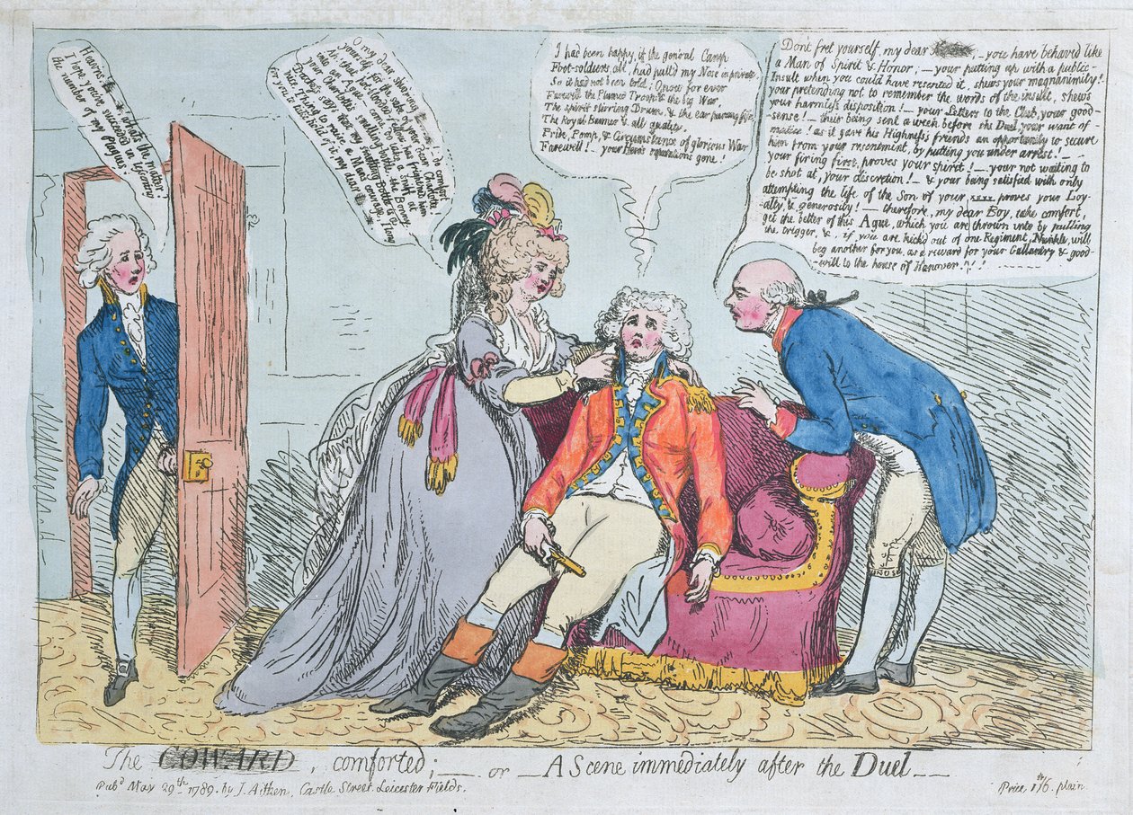 Tchórz pocieszony, czyli Scena bezpośrednio po pojedynku, wydana przez J. Aitkena w 1789 r. (akwaforta ręcznie kolorowana) autorstwa English School