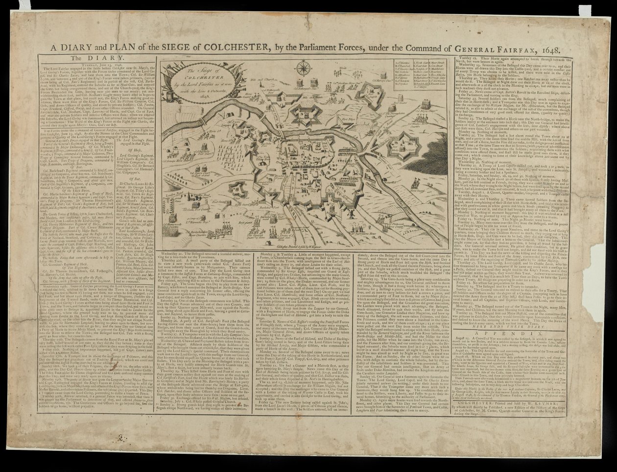 Dziennik i obrazkowy plan oblężenia Colchester 1648, wydrukowany i sprzedany przez W. Keymera, 1648 autorstwa English School