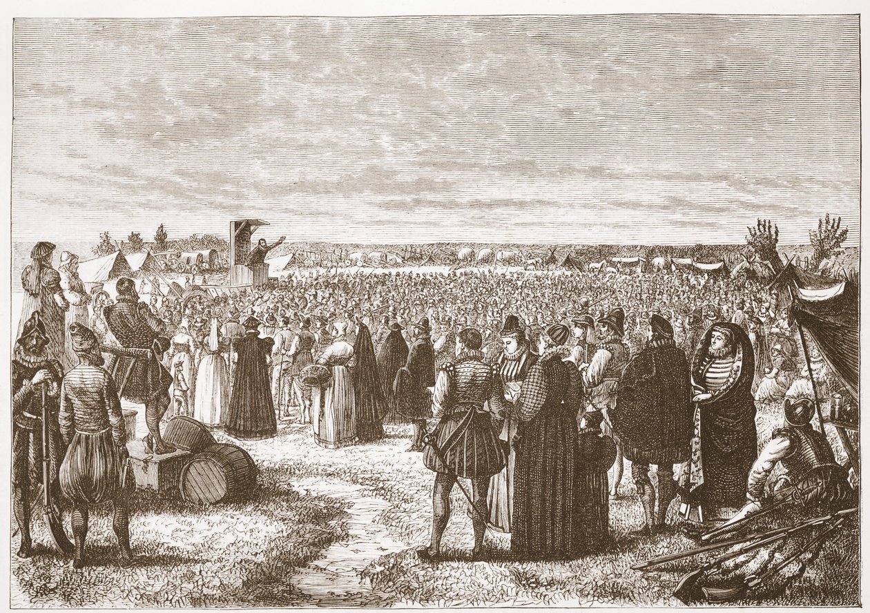 Kazanie polowe w pobliżu Gandawy, ilustracja z Historii protestantyzmu Jamesa Aitkena Wylie (1808-1890), wyd. 1878 autorstwa English School