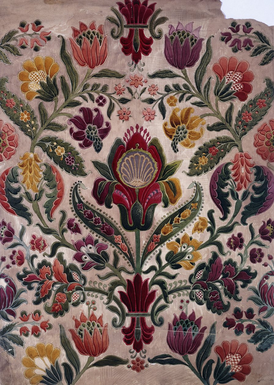 Pełnokolorowy rysunek gobelinu, jedwabiu lub tapety, ok. 1830-40 autorstwa English School