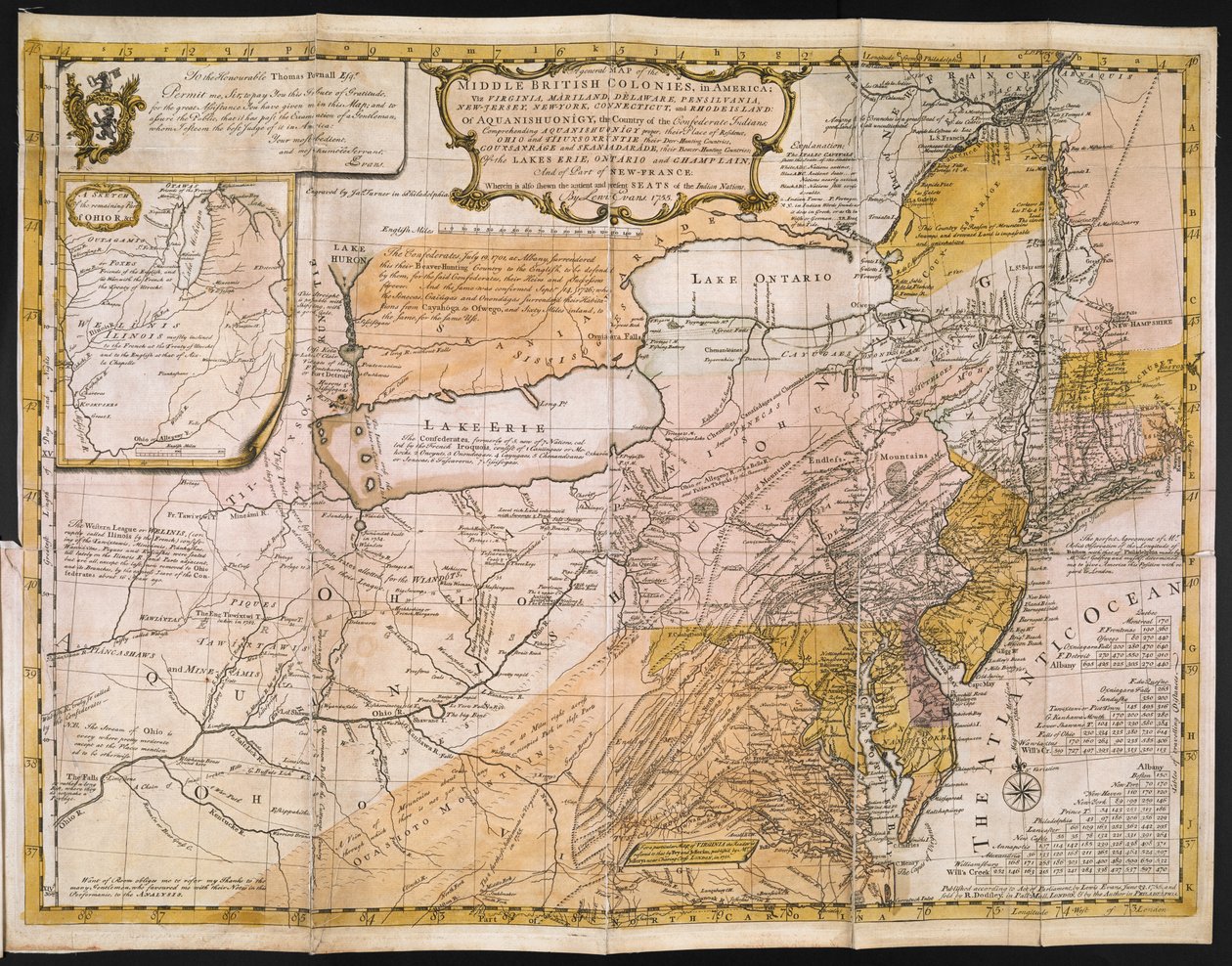 Ogólna mapa kolonii środkowo-brytyjskich w Ameryce; mianowicie. Virginia, Mariland, Delaware, Pensilvania, New-Jersey, Nowy Jork, Connecticut i Rhode Island: z Aquanishuonîgy, Kraj Konfederacji Indian. . . Jezior Erie, Ontario i Ch autorstwa English School