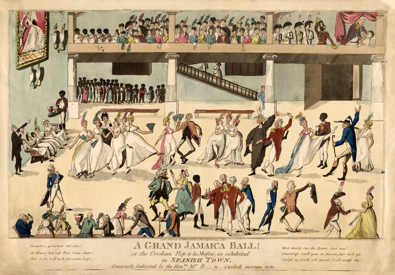 Grand Jamaica Ball lub Creole Hop a la Muftee w Spanish Town, pub. 1802 (grawerowanie ręcznie kolorowane) autorstwa English School
