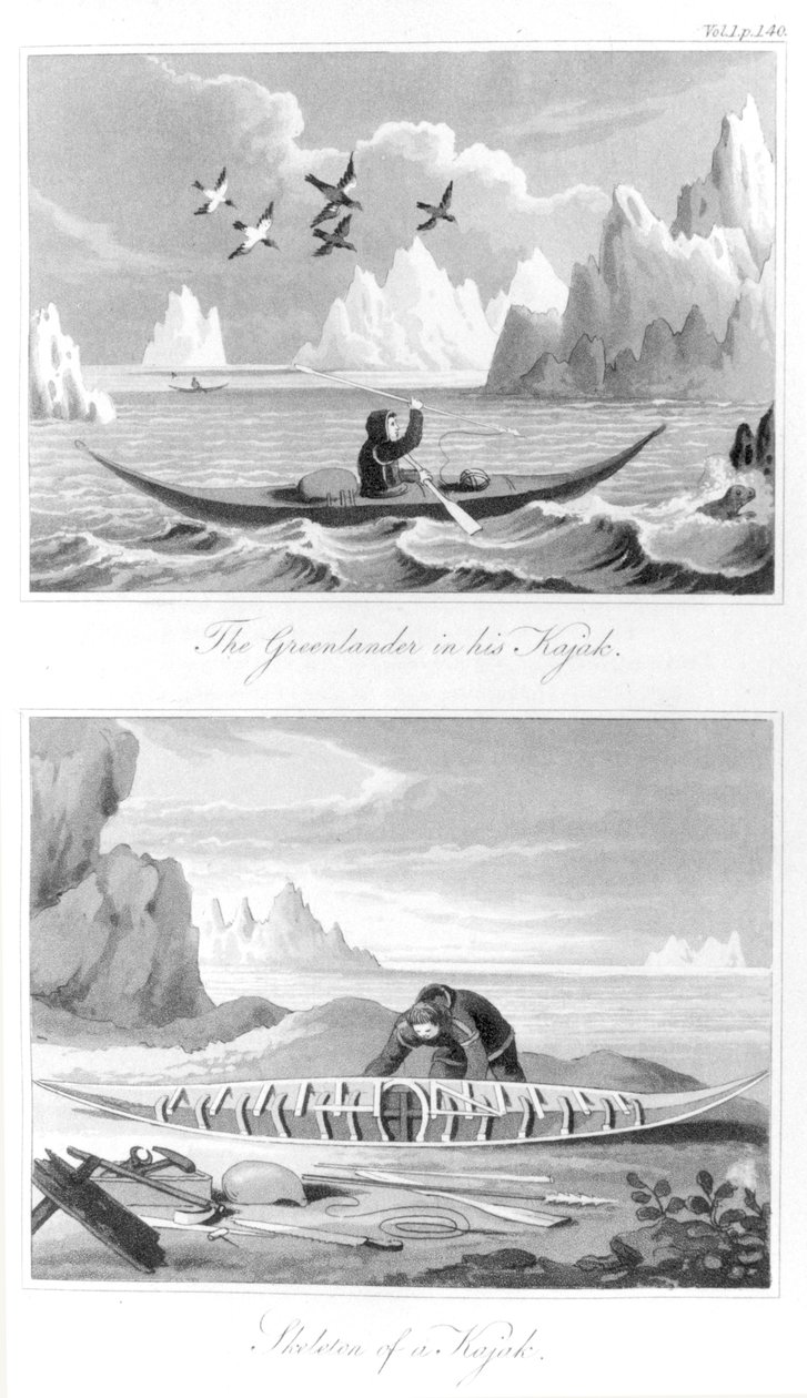 Grenlandczyk i jego kajak, z Historii Grenlandii autorstwa Davida Crantza, 1820 autorstwa English School