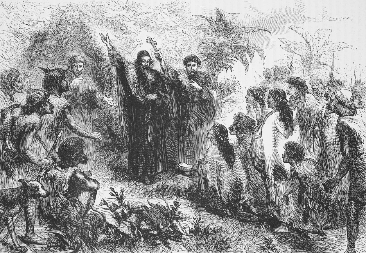 Misjonarz jezuitów przemawiający do plemienia Indian, ilustracja z Historii protestantyzmu Jamesa Aitkena Wylie (1808-1890), wyd. 1878 autorstwa English School