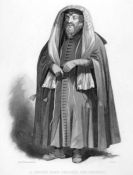 Żydowskie sukienki rabina do modlitwy, grawerowane przez R. Younga, z „World Religion”, wyd. A. Fullarton & Co. (grafika) autorstwa English School