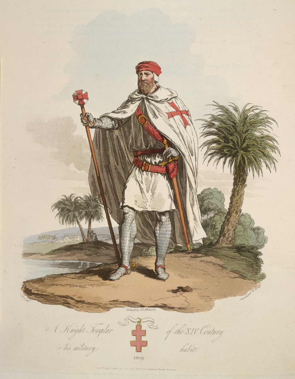 Rycerz templariusz, ilustracja z „Strój pierwotnych mieszkańców Wysp Brytyjskich od najwcześniejszych okresów do VI wieku, do którego dodaje się strój narodów gotyckich na zachodnich wybrzeżach Bałtyku, przodków Anglo autorstwa English School