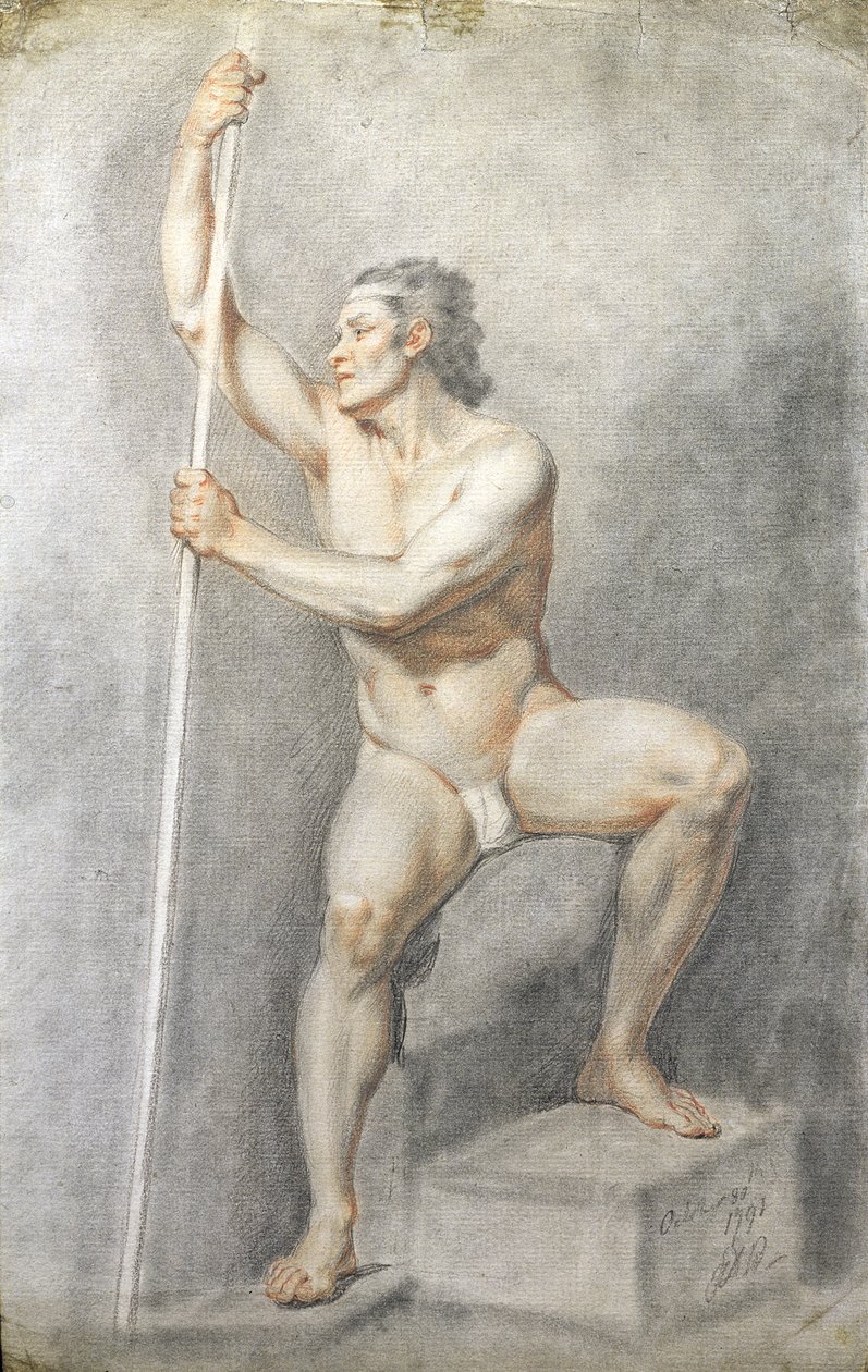 Akt męski trzymający laskę, ok. 1770 (kolorowe kredy na papierze) autorstwa English School