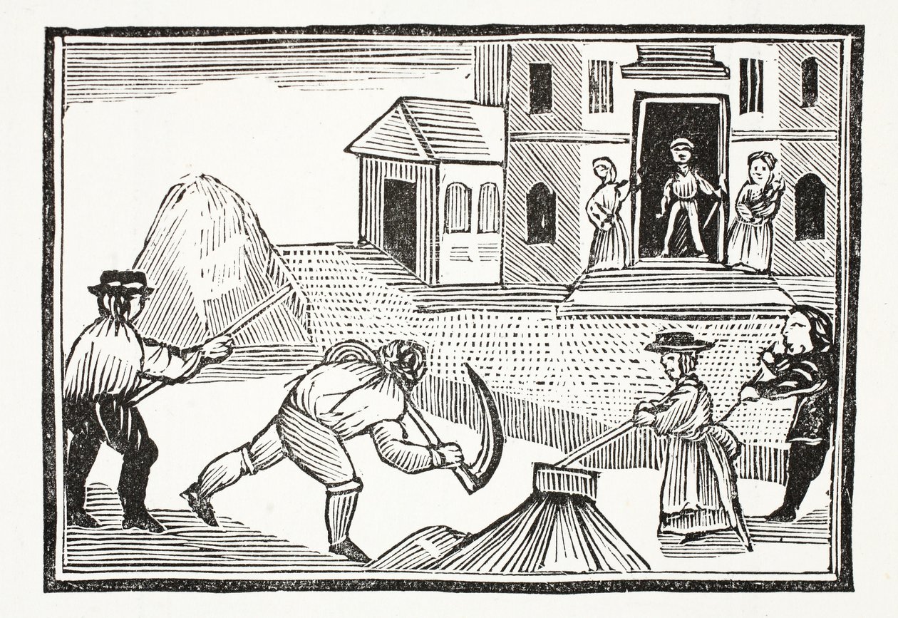 Człowiek koszący trawę kosą, która zabrała wszystko przed sobą, ilustracja z książki Chap-books of the Eighteenth Century Johna Ashtona, wyd. 1882 autorstwa English School