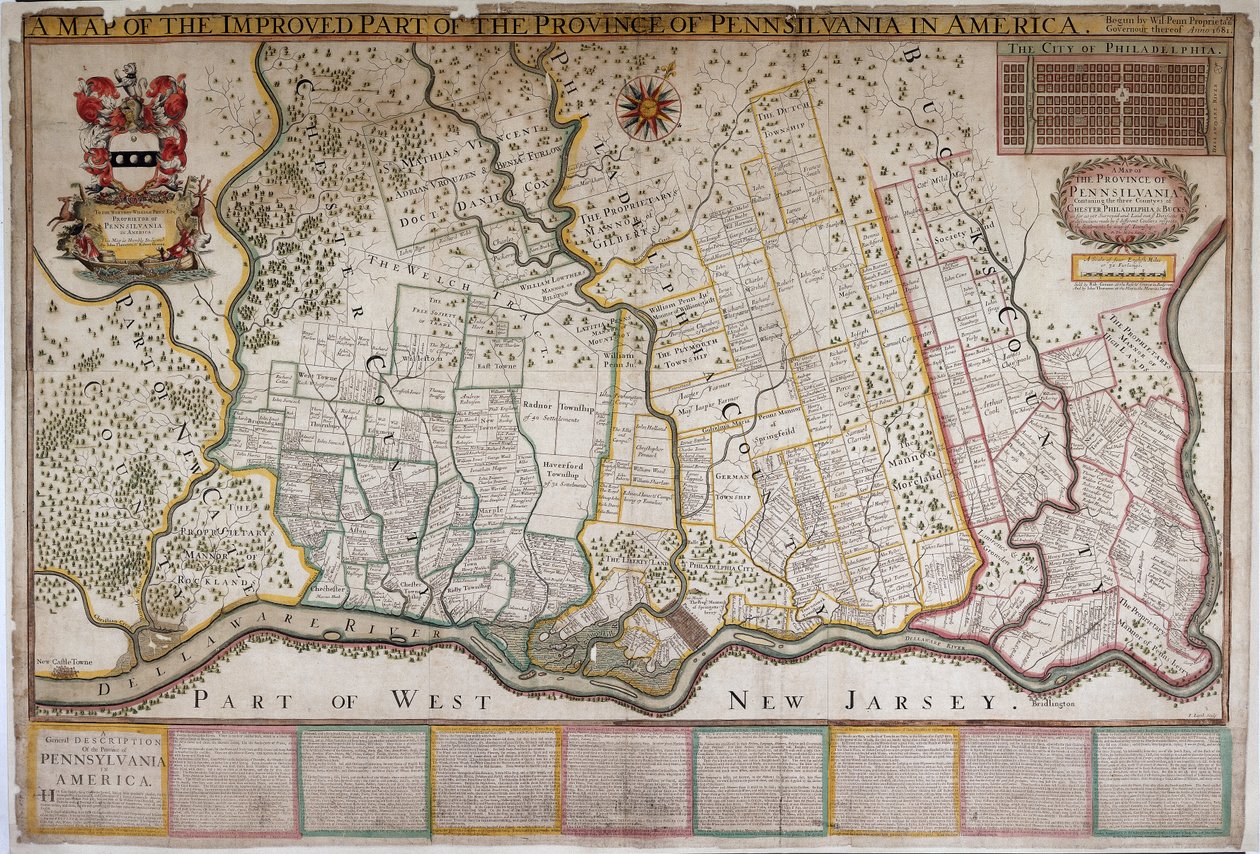 Mapa ulepszonej części prowincji Pensylwanii w Ameryce, Thomas Holme autorstwa English School