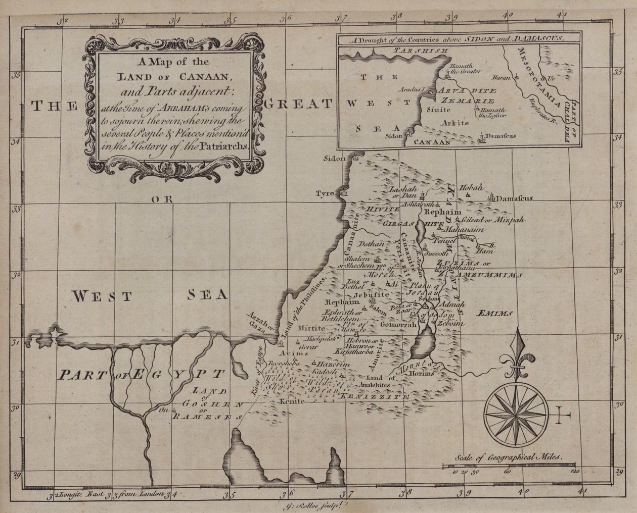 Mapa Ziemi Kanaan i jej przyległych części w czasie, gdy Abraham przybył, aby zamieszkać w niej, z zaznaczeniem kilku osób i miejsc wspomnianych w Historii Patriarchów (rycina) autorstwa English School