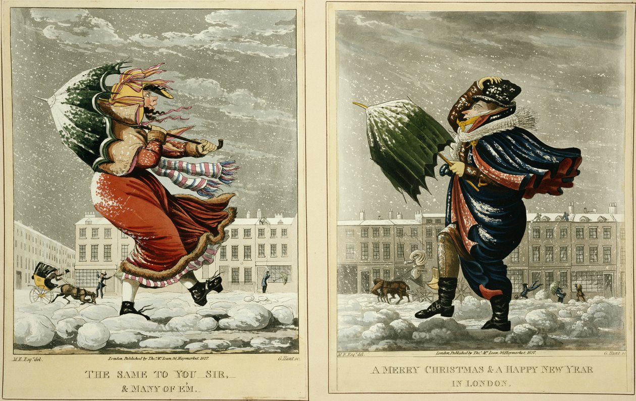Wesołych Świąt i Szczęśliwego Nowego Roku w Londynie: To samo dla Ciebie, Sir i wielu z nich, grawerowane przez G. Hunta, 1827 autorstwa English School