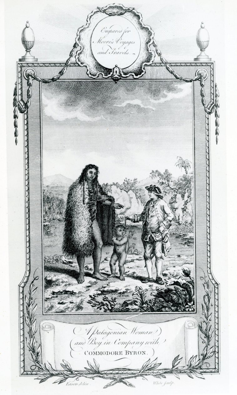 Patagońska kobieta i chłopiec w towarzystwie komandora Byrona, ilustracja zaczerpnięta z Moores Voyages and Travels, 1778 autorstwa English School