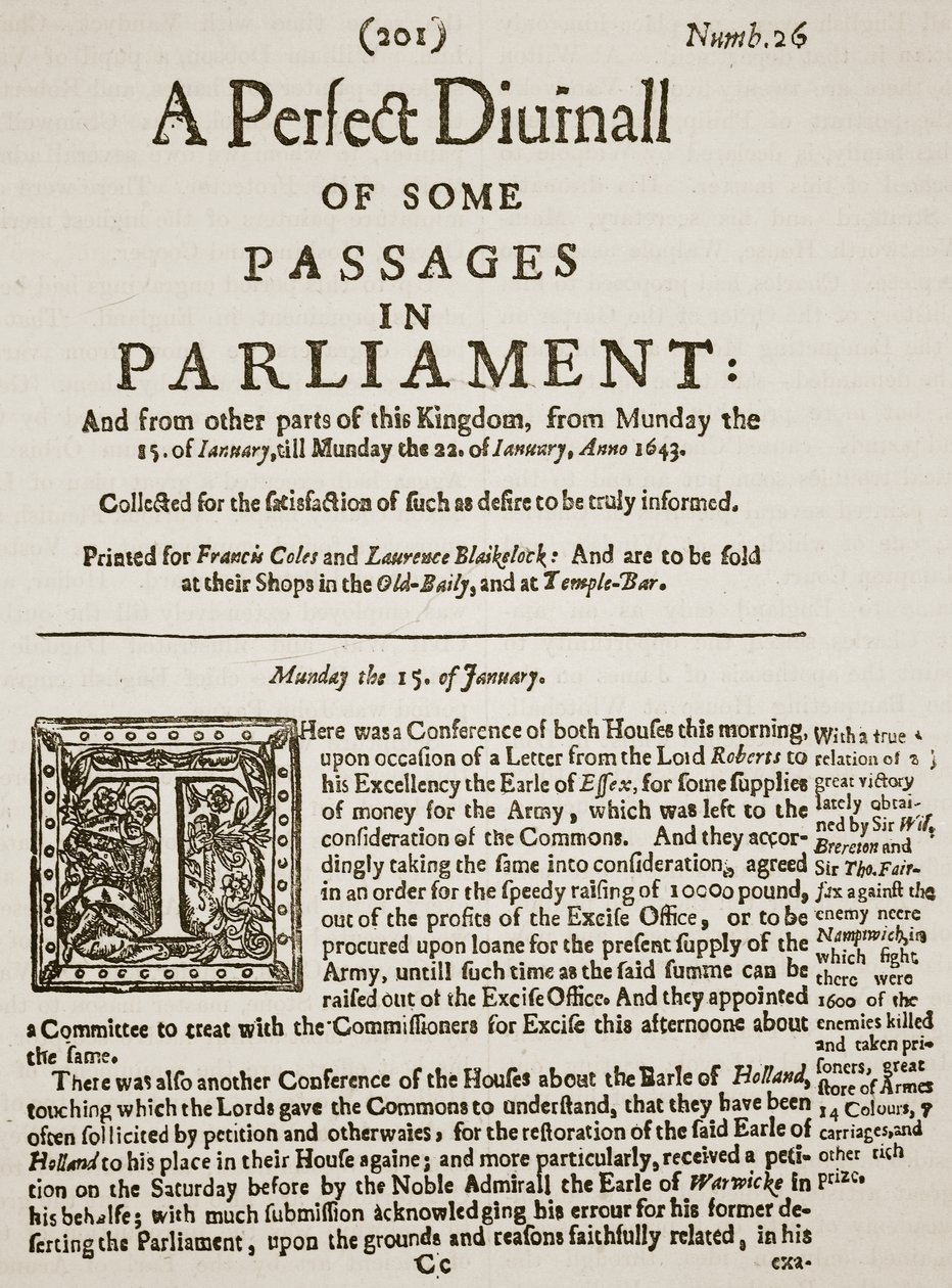 A Perfect Diurnall, faksymile pierwszej strony numeru 26, 1643, ilustracja z Cassells Illustrated History of England (zdjęcie w sepii) autorstwa English School