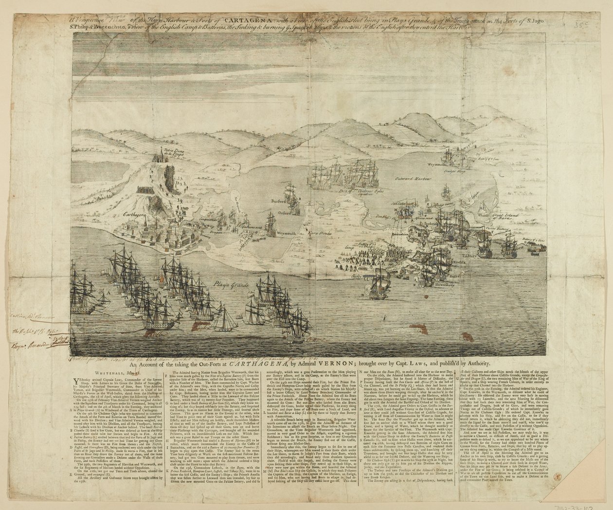 Szkic perspektywiczny miasta, portu i fortów Kartageny z 1739 r., opublikowany 1741 r. (rycina liniowa) autorstwa English School