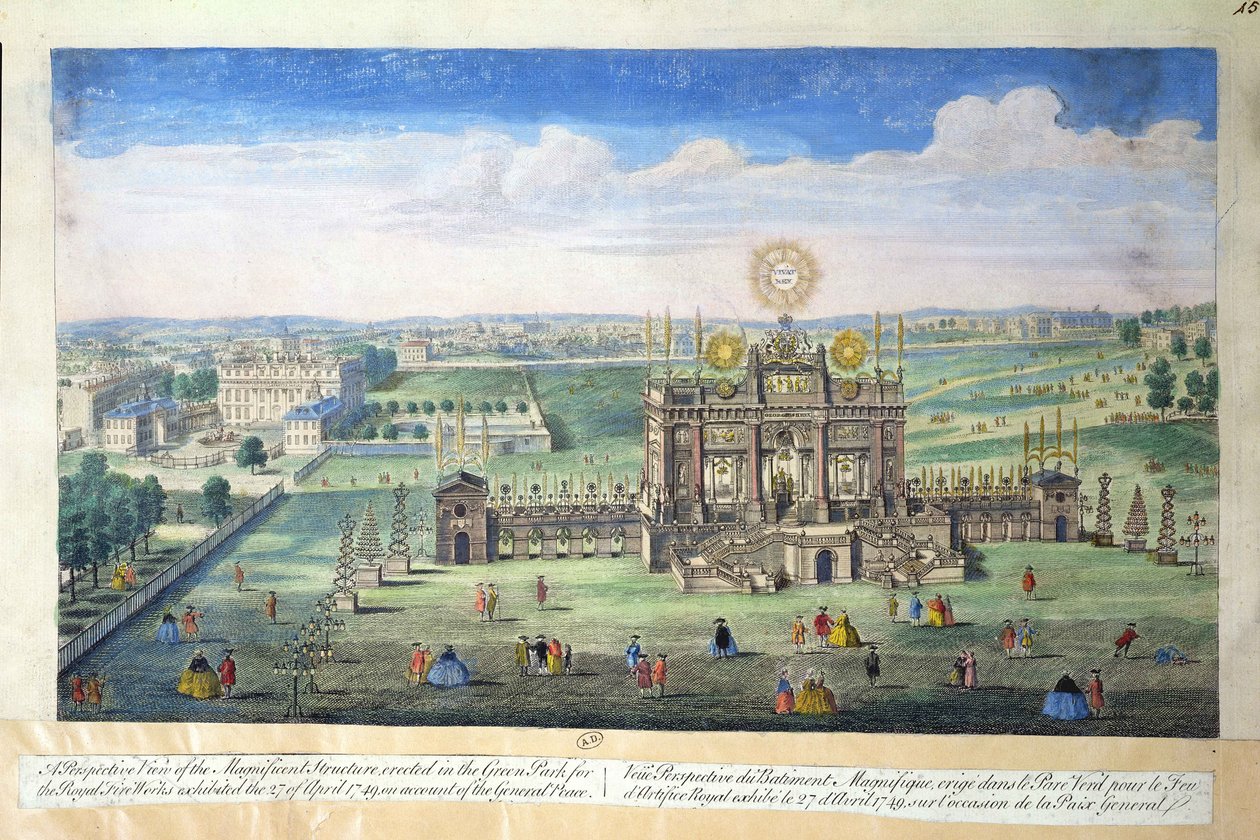 Widok perspektywiczny wspaniałej budowli wzniesionej w Zielonym Parku dla Królewskich Fajerwerków, 1749 autorstwa English School