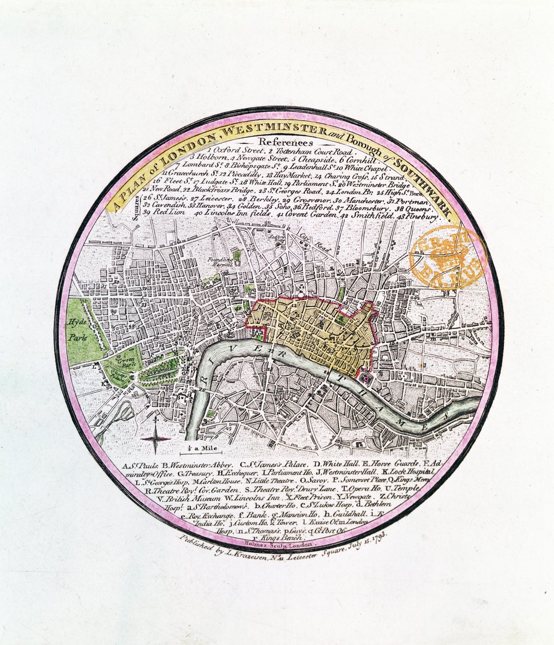 Plan Londynu, Westminster i Borough of Southwark, 1793 (ręcznie kolorowane grawerowanie) autorstwa English School